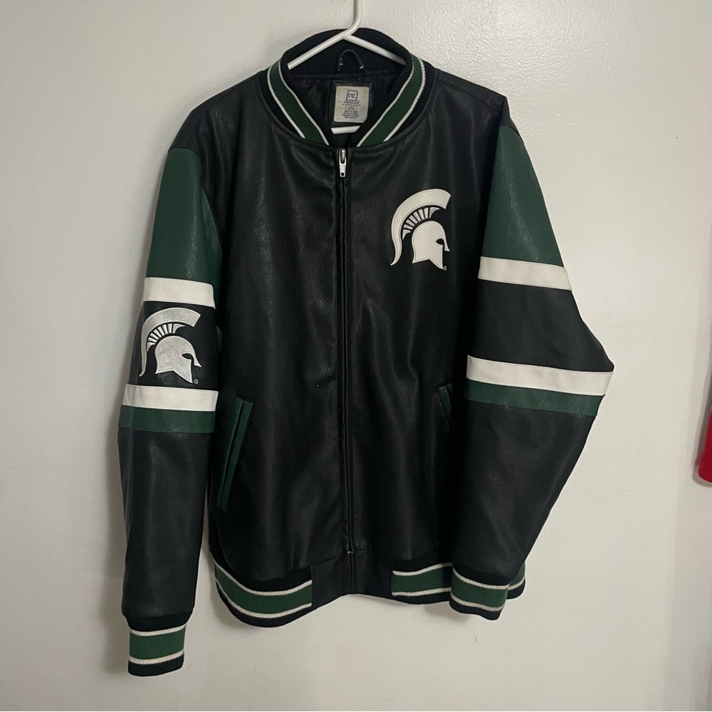 Vintage Pro Edge Michigan Spartans Faux Leather Zip-Up Bomber Jacket Size Large